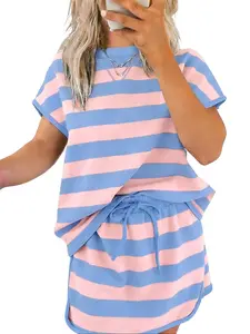 Women's 2-Piece Cotton Short-Sleeve Yellow Stripe Dolman Tee & Drawstring Skort Set, Oversized Soft Athletic Casual Womenswear Matching Skirt Top Set, Shortsleeve