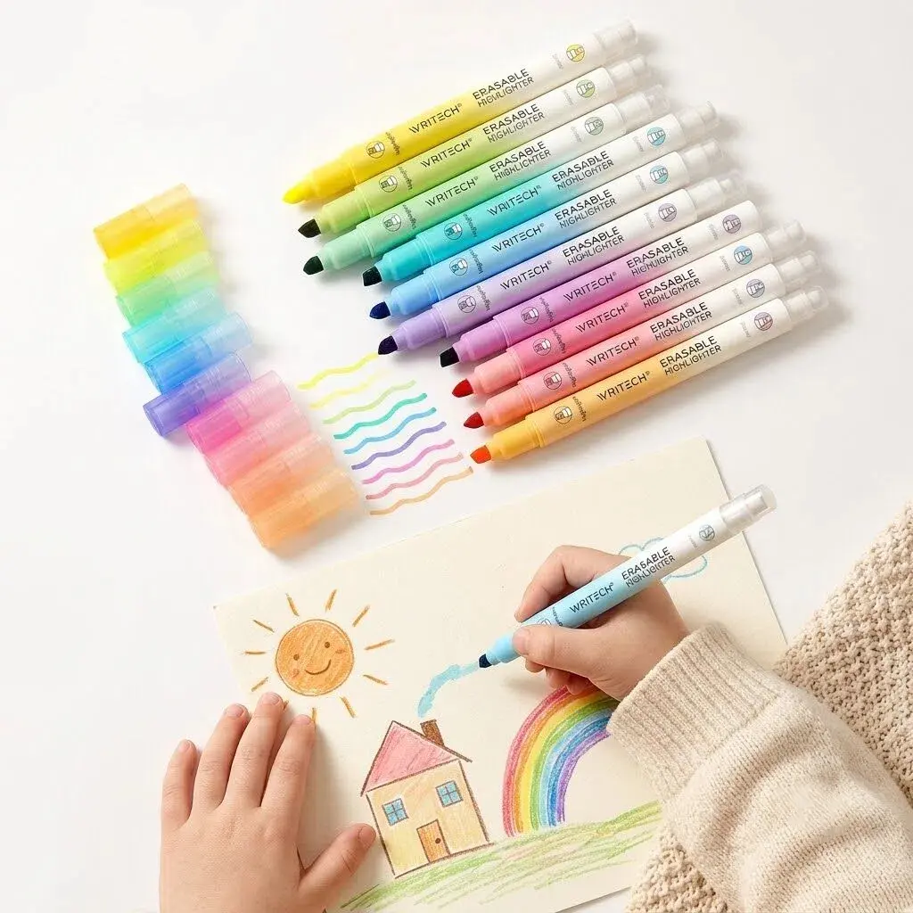 12 Pack Erasable Highlighter Pens, Double-Head Chisel-Tip Markers with Erasers, Smooth No-Bleed Fluorescent Ink, Assorted Colors for Journaling, Office, Drawing, Home Everyday Use