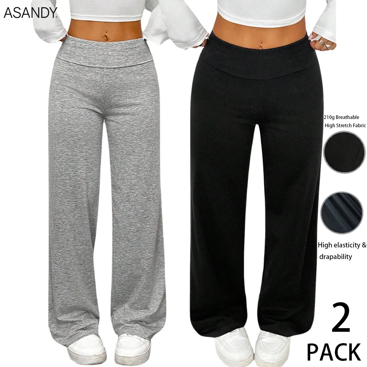 ASANDY 【2-Pack】 High Waisted Wide Leg Pants - Soft High Stretch Lounge Trousers, Breathable Flowy Yoga Comfy Pants for Women, Loungewear, Bottom, Basic, Comfortable, Casual, Everyday, 【2-Pack】Gary+Black