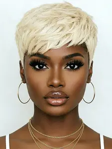 Pixie Cut Human Hair Wigs, Daily Party Cosplay Gift Use Wig, Blonde Machine Made Short Straight Layered Human Hair Wig for Women