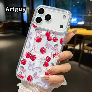 Magnetic Soft Case for iPhone 17 Pro Max 17 Air Cherry Bow Delight Pattern Anti-Yellowing Shockproof ultra-thin Silicone Crystal Transparent Acrylic Large Hole Cover Supports Wireless Charging