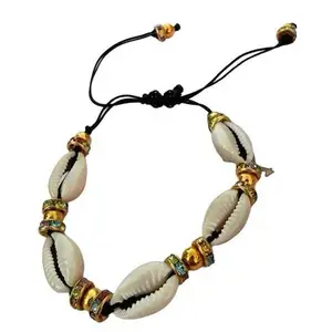 Luxury Cowrie Shell Bracelet Adjustable Black Cord Anklet/Bracelet with Gold Beads & Multi Color Rhinestone Spacers African Inspired Beach Jewelry Evil Eye Aesthetic Gifts for Women