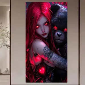 5D Diamond Painting Kit Full Round Diamonds Red Hair, Black Bear, Heart DIY Mosaic Wall Art, Beginner Craft Set (with Tools), Home Wall Decoration Gift, Diamond Art Kit