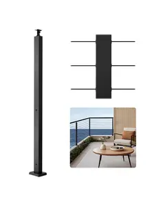 1-Pack Stainless Steel Cable Rail Post For Deck Railing, 36x2x2 Inch, Pre-Drilled Holes, Horizontal-Hole, Includes Horizontal And Curved Brackets, Black Finish, Outdoor, Weather Resistant, Ideal For Patios And Docks