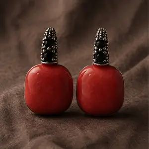 Retro Red Cabochon Dangle Earrings – Allergy-Free Elegant Design + Present Packaging