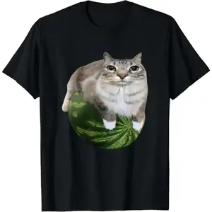 Watermelon Cat Silly Meme Tee Comfortable Short Sleeve Round Neck Top for Men New Arrival