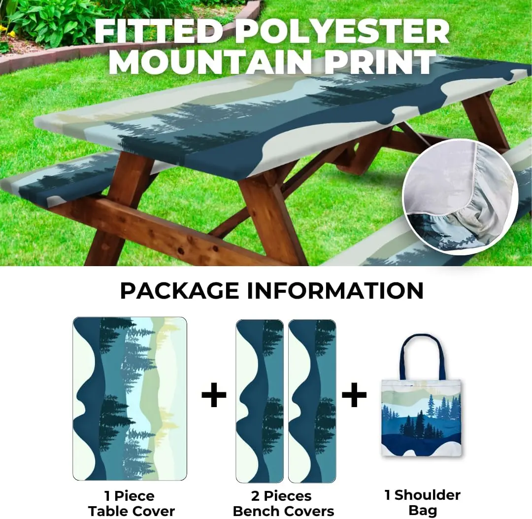 RNOONY Stretch Tablecloth with Bench Covers & Carrying Bag - Waterproof Polyester Picnic Table Cover Set for Outdoor Patio Furniture - 72"x30" Fitted Tablecloth with Elastic All Around - Machine Washable & Durable Design