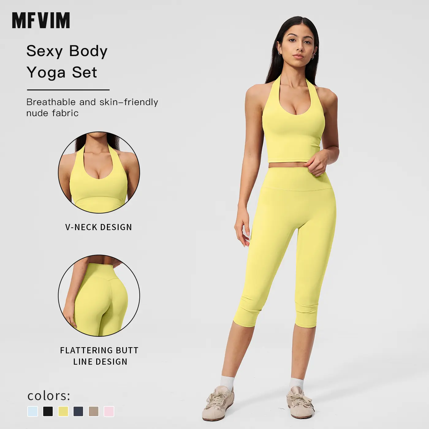 MFVIM Women’s halter V-neck yoga set — high-waisted, thigh-lifting fitness leggings; seamless, quick-dry running two-piece set with a second-skin feel