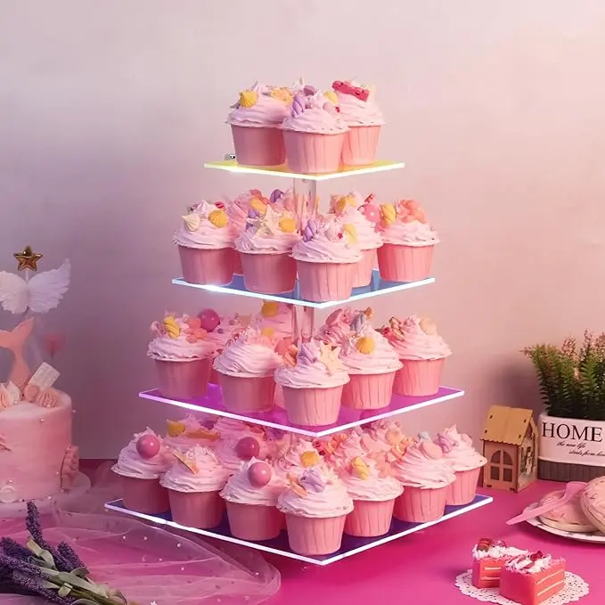 4-Tiered Clear Acrylic Cupcake Stand with Rechargeable LED Light - 52-Cupcake Capacity, Multi-Functional, Non-Slip Cake Tower Holder for Indoor Weddings, Parties, Home Supplies Decor