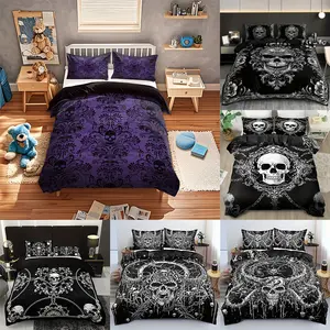 Gothic Skull Print Bedding Set, 3 Piece Includes Duvet Cover and Pillowcases, High Definition Seasonal Prints, Home and Dorm Use