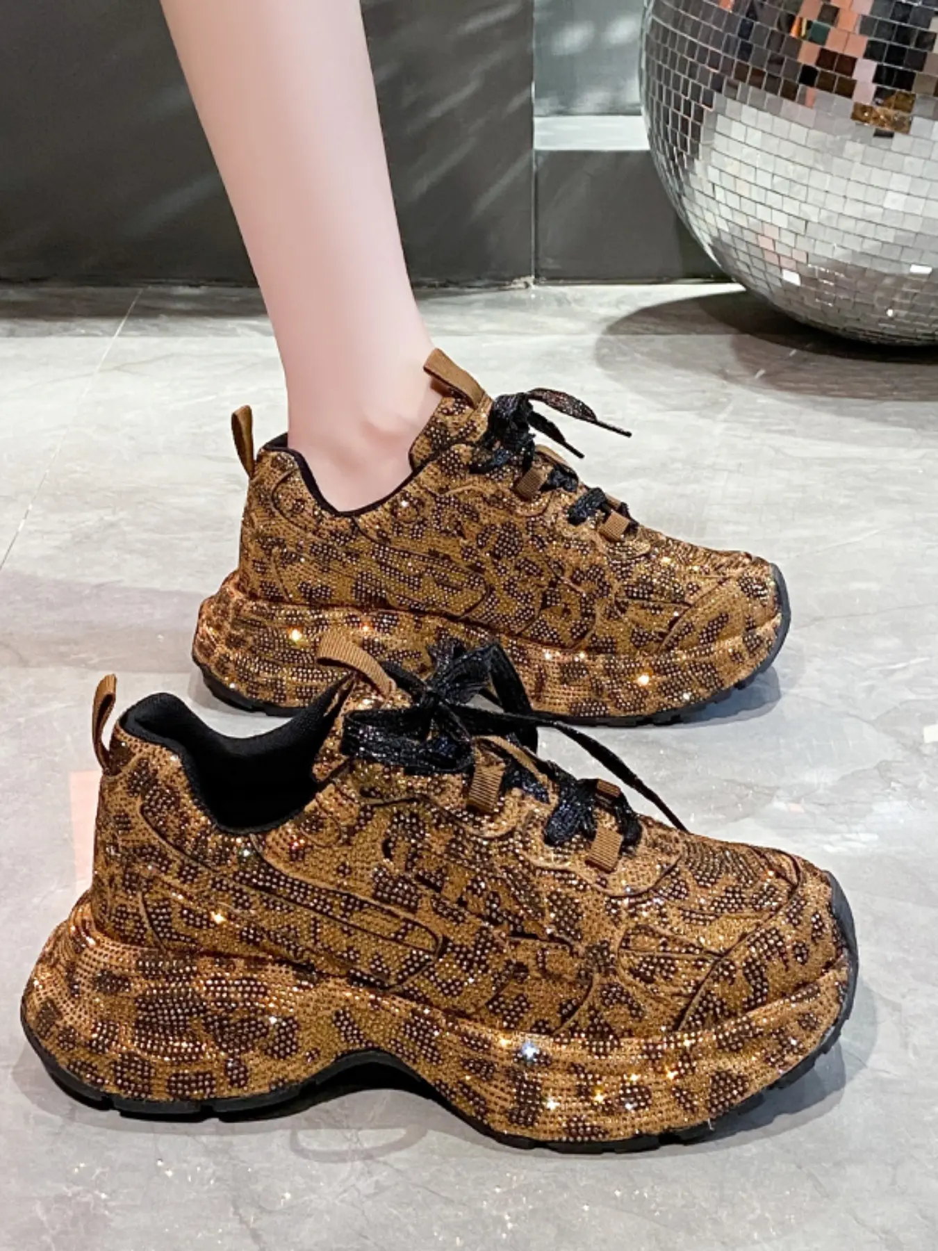 Women's Rhinestone Leopard Print Casual Sneakers, Trainer, Walking Shoes, Thick Sole Height Increasing Shiny Comfortable Versatile Wear-Resistant Leisure Shoes
