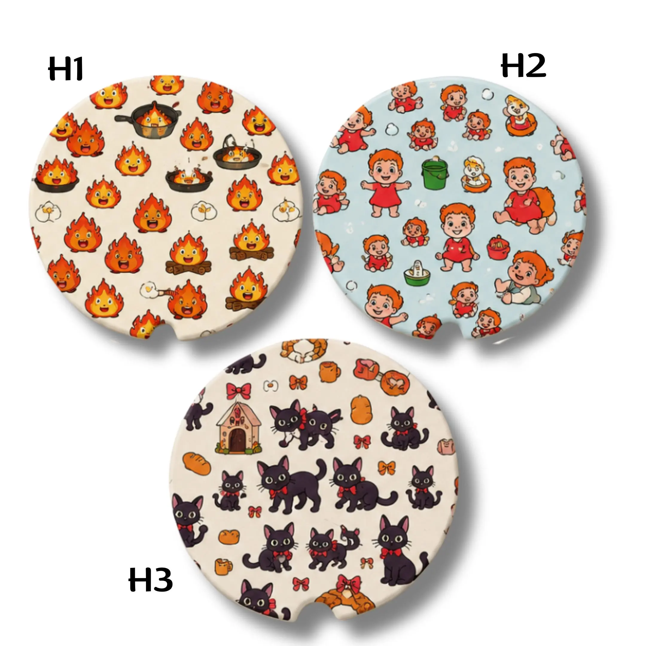 [BUY 2 SAVE 50%]  Cute Anime Ghibli Car Coasters Set of 2, Jiji Cat, Calcifer  Inspired Soapstone Cup Holder Coasters, Cute Anime Car Accessories, Gift for Anime Lovers