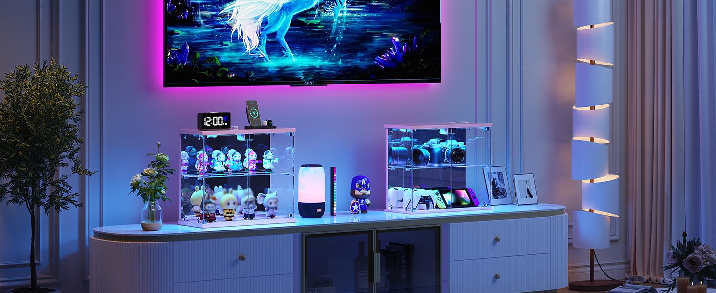 Miu vanity Display Cabinet with Glass Doors,Storage Cabinet with 3 color light,2-Tier Curio Cabinet case for Collectibles,Toys，Books，for Playroom，Bedroom，Study Room,Black,Pink