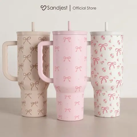 SANDJEST Coquette Bows 40oz Stainless Steel Slider Tumbler with Straw and Handle, Vacuum Insulated Hot-Cold Kitchen Drinkware, Cup Holder Friendly Daily Use, Great for Travel Office Home Birthday Christmas Gift