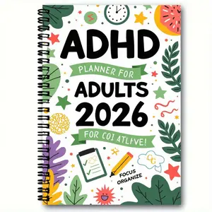 1pcs 50 page A5(8.6in *5.7in) Notebook Spiral ADHD Planner, Productivity Planner for Adults 2026 for Coaching, Colorful Spiral-Bound Organizer with Focus Organize, Design (Leaves, Stars, Brain, Checklist) – Perfect for ADHD Organize