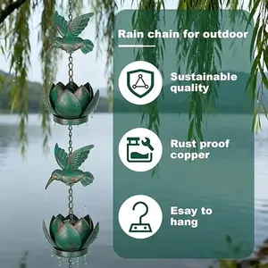 Iron Art Rain Chain with 6 Lotus Flowers and 6 Hummingbirds | Aesthetic and Functional Design for Gardening Enthusiasts and Outdoor Decor,green Lotus Shaped Rain Chain Drain, Outdoor Garden, Courtyard,Adding Natural Charm To Outdoor Spaces, Garden Signage