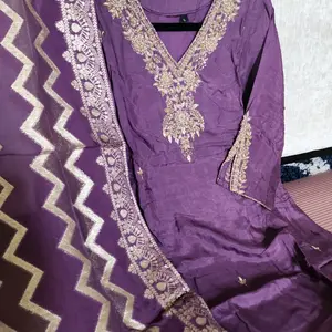 Dola Silk Purple Kurtha Salwar Set with banarasi shawl