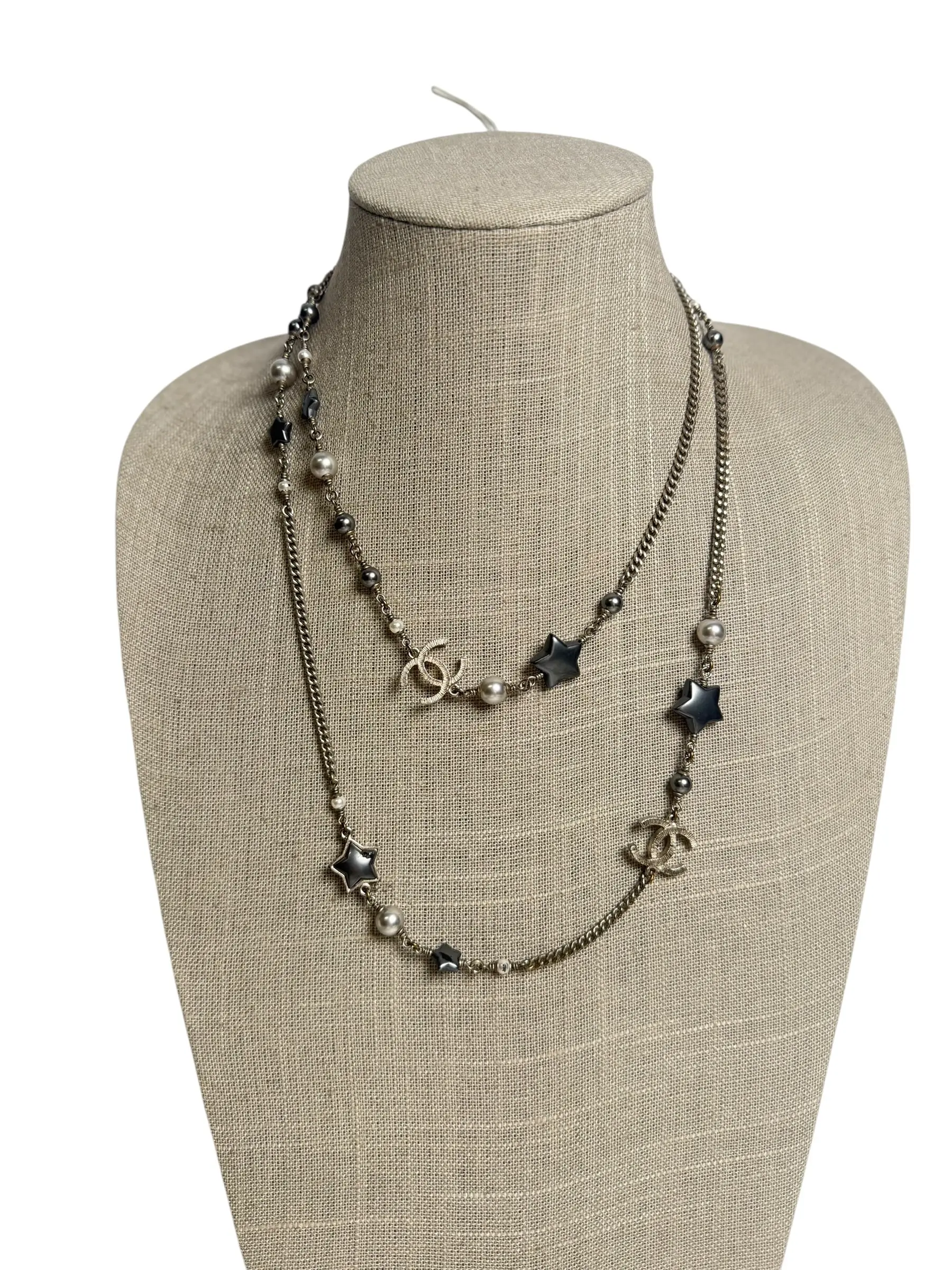 Pre-owned Chanel Star Pearl CC Long Necklace Silver Black T9096