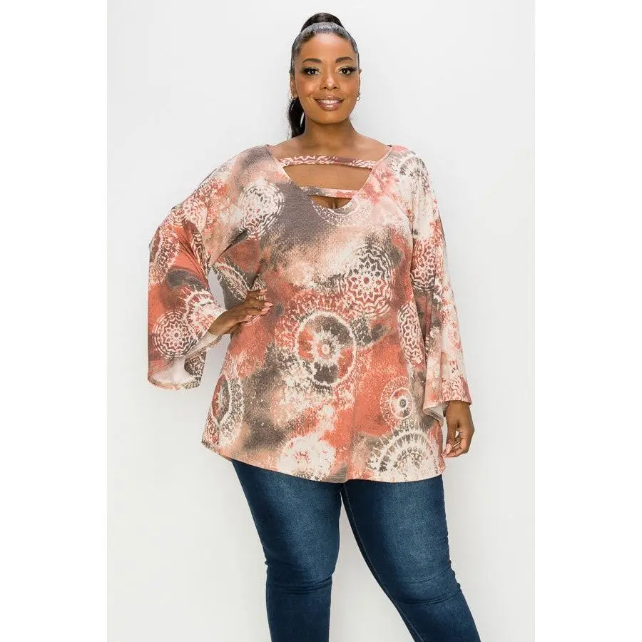 Women's Tie Dye Blouse with Bell Sleeves and Strappy Double Banded Neckline, Soft Red-Orange Polyester Spandex, Lady, Shirts, Top, Strappy Detail, Soft Fabric, Casual Wear