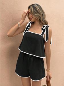two-piece set women's contrast binding cami top & shorts, casual sleeveless top & shorts for daily wear, ladies two-piece outfits for summer, womenswear, breathable lingerie set