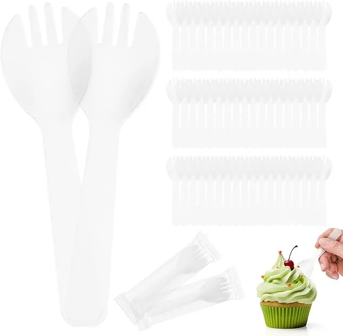 100pcs Mini Clear Spork, 4.2 Inch Individually Wrapped Plastic Small Cutlery, Compact Disposable Fork Spoon Combo for Cake, Appetizer, Snacks, Dessert Bar, Parties, Travel Use