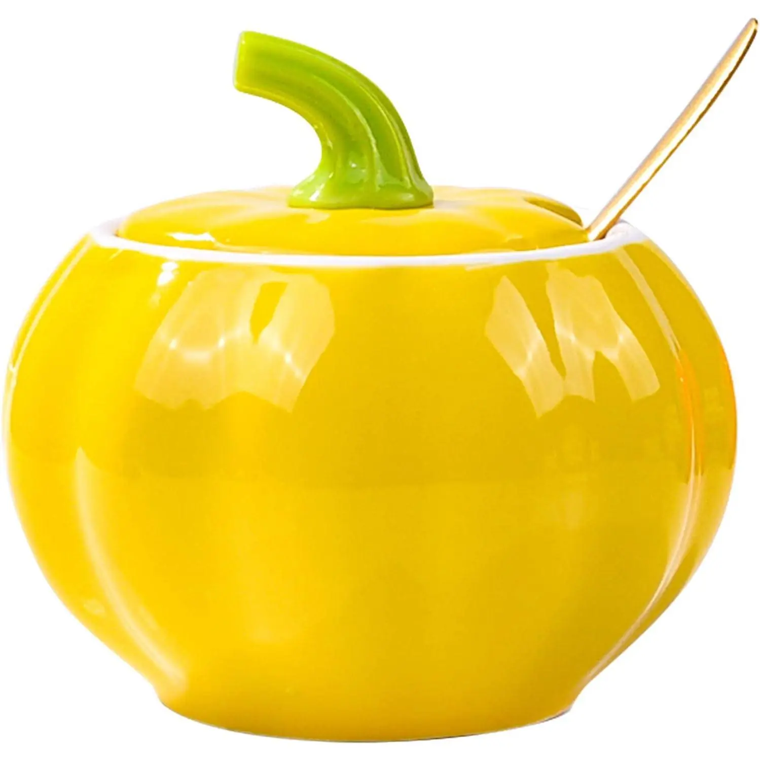 10 Oz Sturdy Smooth Gloss Pumpkin Shape Ceramic Airtight Canister with Dustproof Lid, Built-In Spoon Slot & Spoon, Yellow Home Organizer - Kitchen Upgrades Storage Bottles & Jars, Microwave-Safe Fall Harvest Decor Bowl
