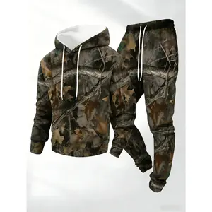 men's full body leaf print long sleeved hooded sweatshirt+pants set, casual pairing with thick and warm suit, suitable for winter and autumnGift