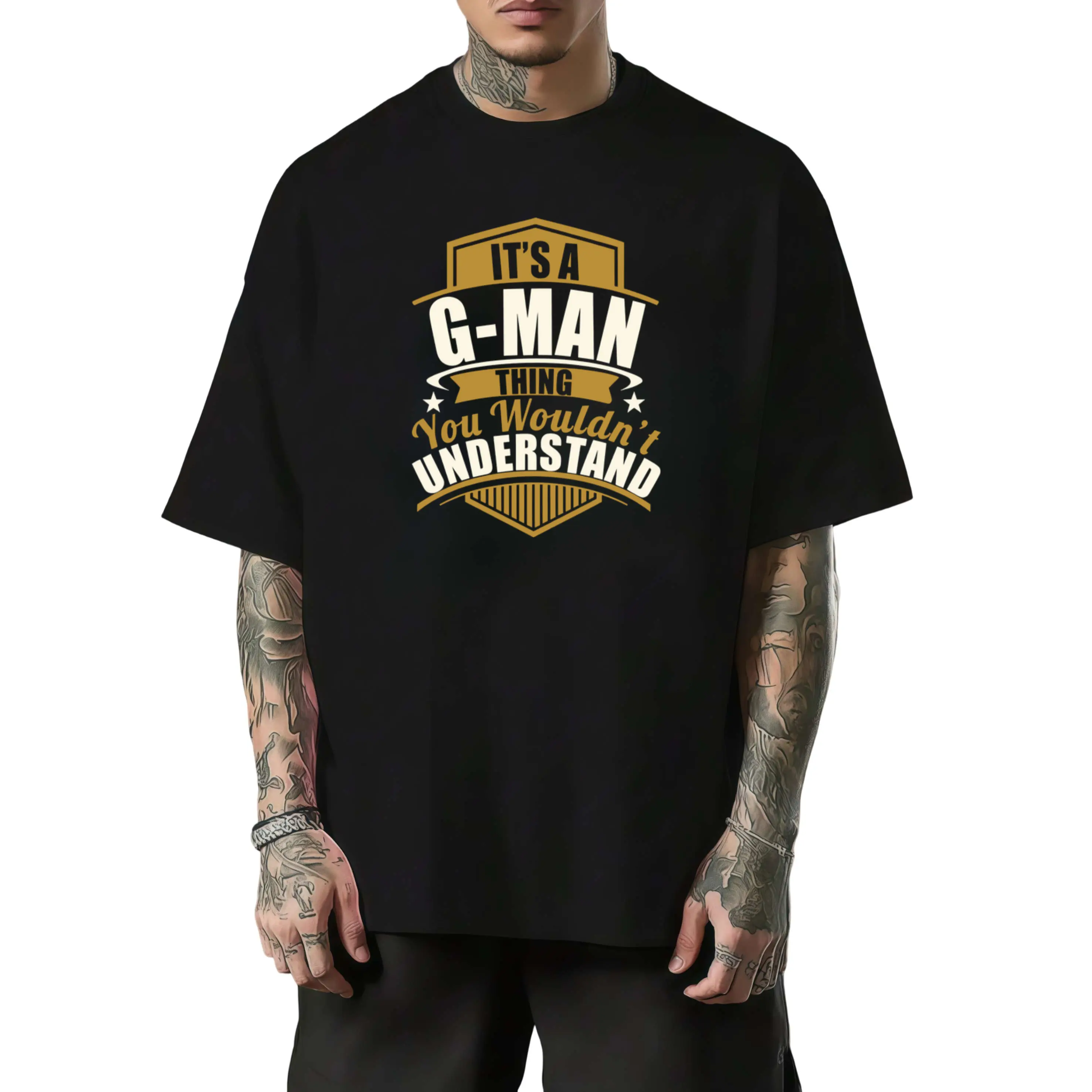 Men's G-MAN Graphic T-Shirt - Black Short Sleeve Crew Neck Tee with Funny G-MAN Text Print, 100% Comfortable Regular Fit Casual Shirt Suitable for All Seasons, Durable Casual Attire for Office, Gym & Leisure Outfits, PLUS SIZE