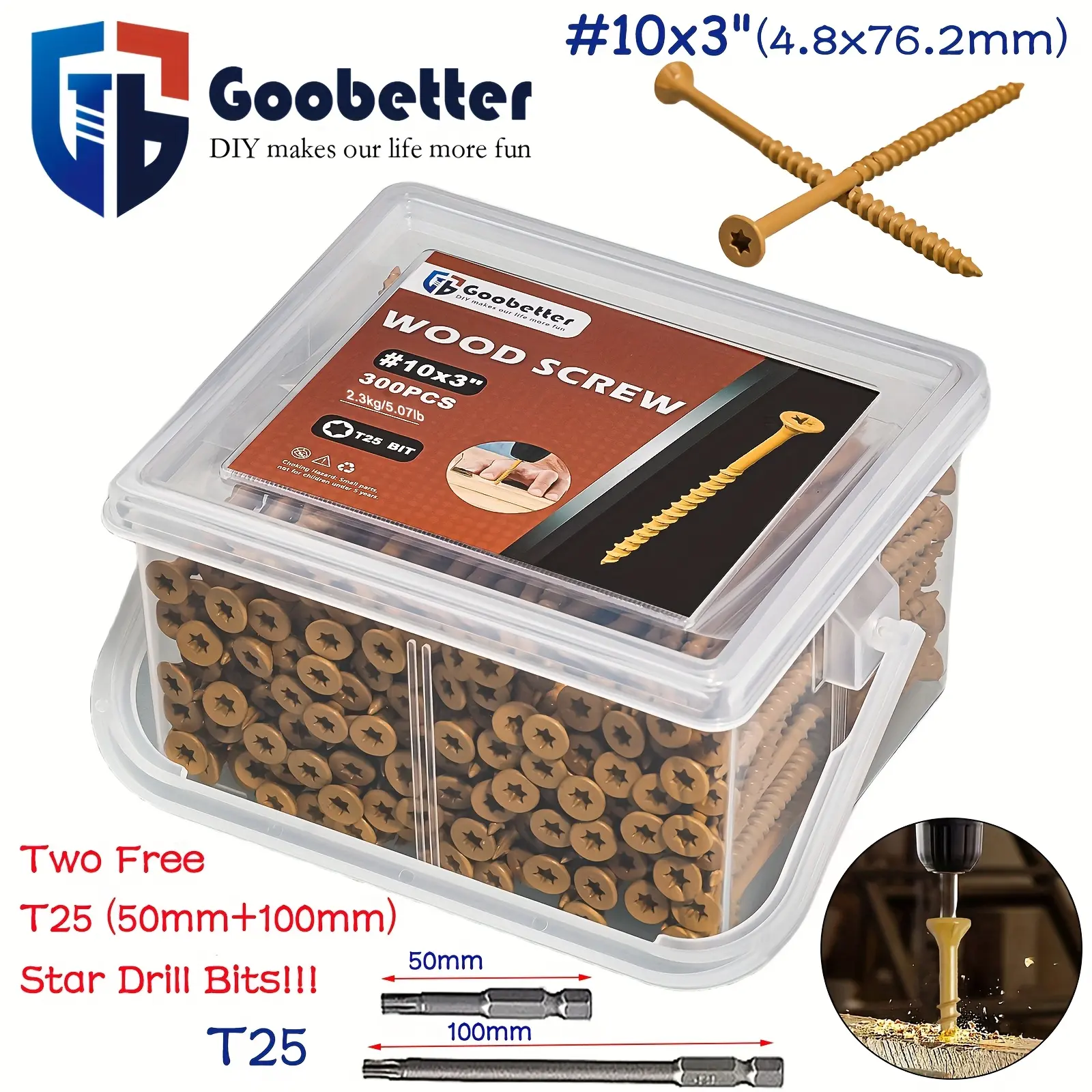 High-Harden Steel Outdoor Decking Screws, Assorted Lengths (#10/#9/#8 Series, #10x3/4in/#10x4in/#10x3-1/2in/#9x2-1/2in/#8x2in), Torx-Star Drive, Yellow Finish, Free T25 Driver Bit, Self-Tapping for Decking, Fencing, Construction Projects