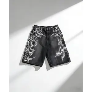 American Retro Gothic Halloween Geometry Graffiti Print Denim Shorts Men Women Y2k Low Waist Baggy Knee Length Jeans Jorts Short Streetwear Trendy Vintage 90s Style Cool Hip Hop Casual Festival Unisex