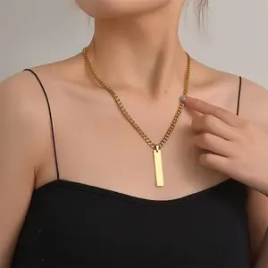 FF0047 New Store Opening |   | Custom Vertical Bar Necklace |   Cuban Link Chain Personalized Pendant | Ideal for birthdays, graduations, or friendship gifts-engrave a meaningful word or name to make it a one-of-a-kind keepsake.
