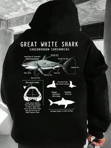 Men's Shark & Letter Print Drop Shoulder Long Sleeve Graphic Hoodie, Fashion Casual Regular Fit Drawstring Pocket Hooded Sweatshirt for Daily Holiday Outdoor Wear, Men Clothes for Spring & Fall, Menswear