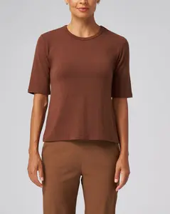 Structured Knit Elbow Sleeve Tee in Chestnut