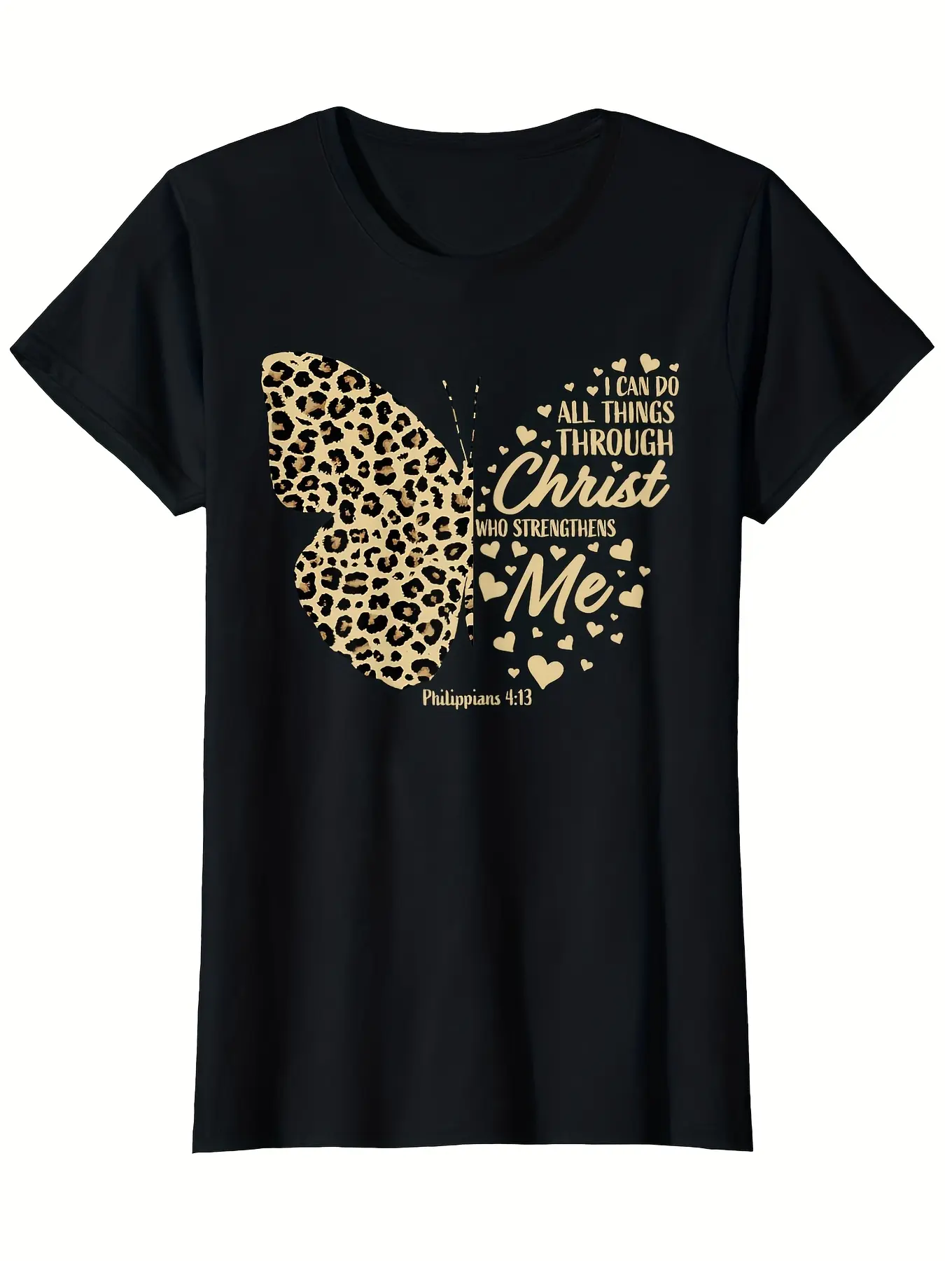 Women's Plus Size Soft 100% Cotton Tshirt - Comfy Everyday Short Sleeve Crew Neck Tee with Gold & White Inspirational Butterfly Leopard Print & Philippians 4:13