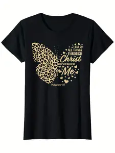 #TikTokShopRestock  Plus Size Women’s Inspirational Butterfly & Leopard Print T-Shirt with Bible Verse "Philippians 4:13" |   Soft 100% Cotton Casual Crew Neck Tee |   Short Sleeve Black Shirt with Gold & White Digital Print