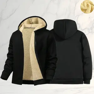New Winter Men's Black Hooded Fleece Jacket with Shearling Lining, Thermal Insulation, Warmth, Stylish Design, Practical Zipper Closure, Trendy and Versatile Autumn/Winter Dailywear regular fit Menswear Coats casual fleece-lined men outerwear top stylish