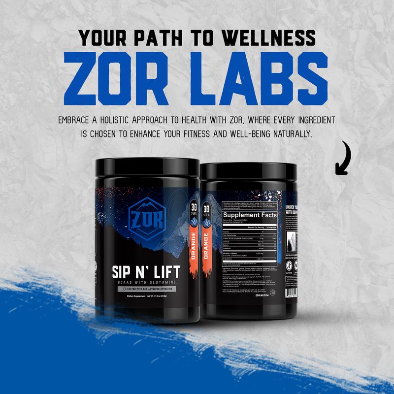 Zor Labs Sip N' Lift BCAA Powder with Glutamine & Electrolytes - Amino Acids Supplement for Intra Workout Hydration & Post Workout Recovery - Branched Chain Amino Acids (BCAAs)