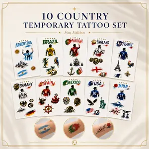 Soccer Fan Temporary Tattoos, 2-Sheet Country Face & Body Tattoo Stickers, Waterproof Game Day Party Tattoos, 10 Country Options