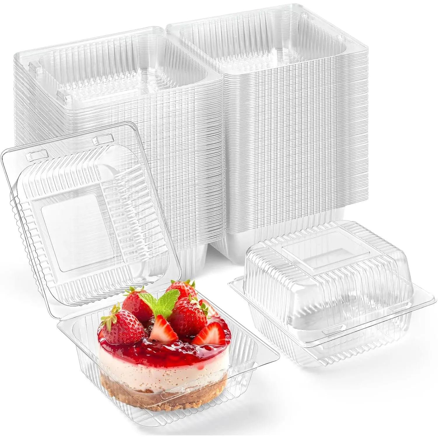 100 Pack Clear Plastic Take Out  Containers, Square Cake Slice Containers with Hinged Lids, Disposable To Go Boxes for Cookies, Desserts, Fruits, Salads, Sandwiches