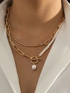 New Multi-Layer Baroque Necklace, Imitation Pearl Chain Ot Pendant, Dangling Pearl Necklace, Fashion Jewelry Accessory, Streetwear Statement Jewelry, Stylish Neckwear for Women, Stackable Clavicle Chain, Cuban Link Necklace