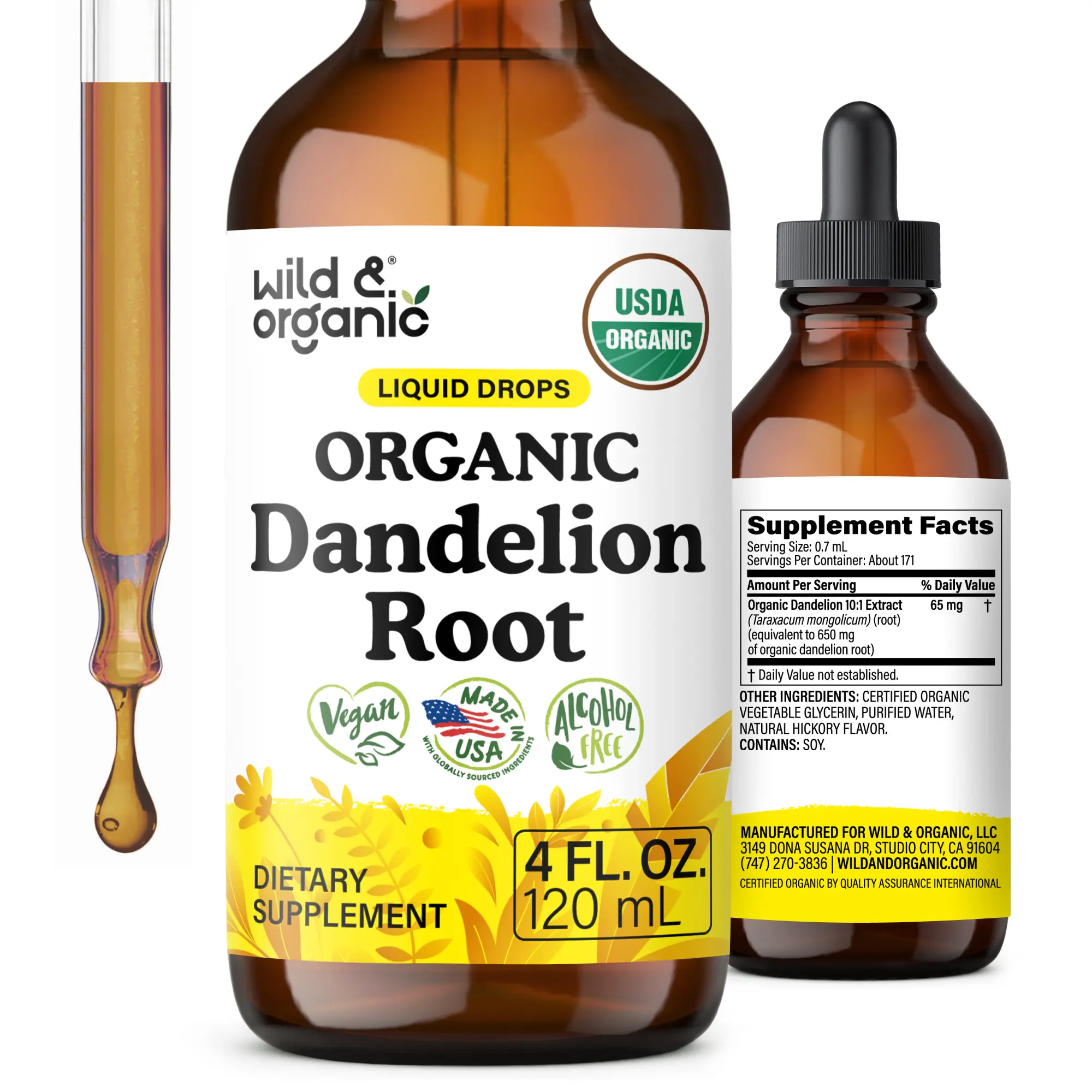 Wild & Organic USDA Organic Dandelion Root Liquid Drops - Dandelion Extract for Liver Cleanse Support - Vegan, No Added Sugar & Alcohol-Free