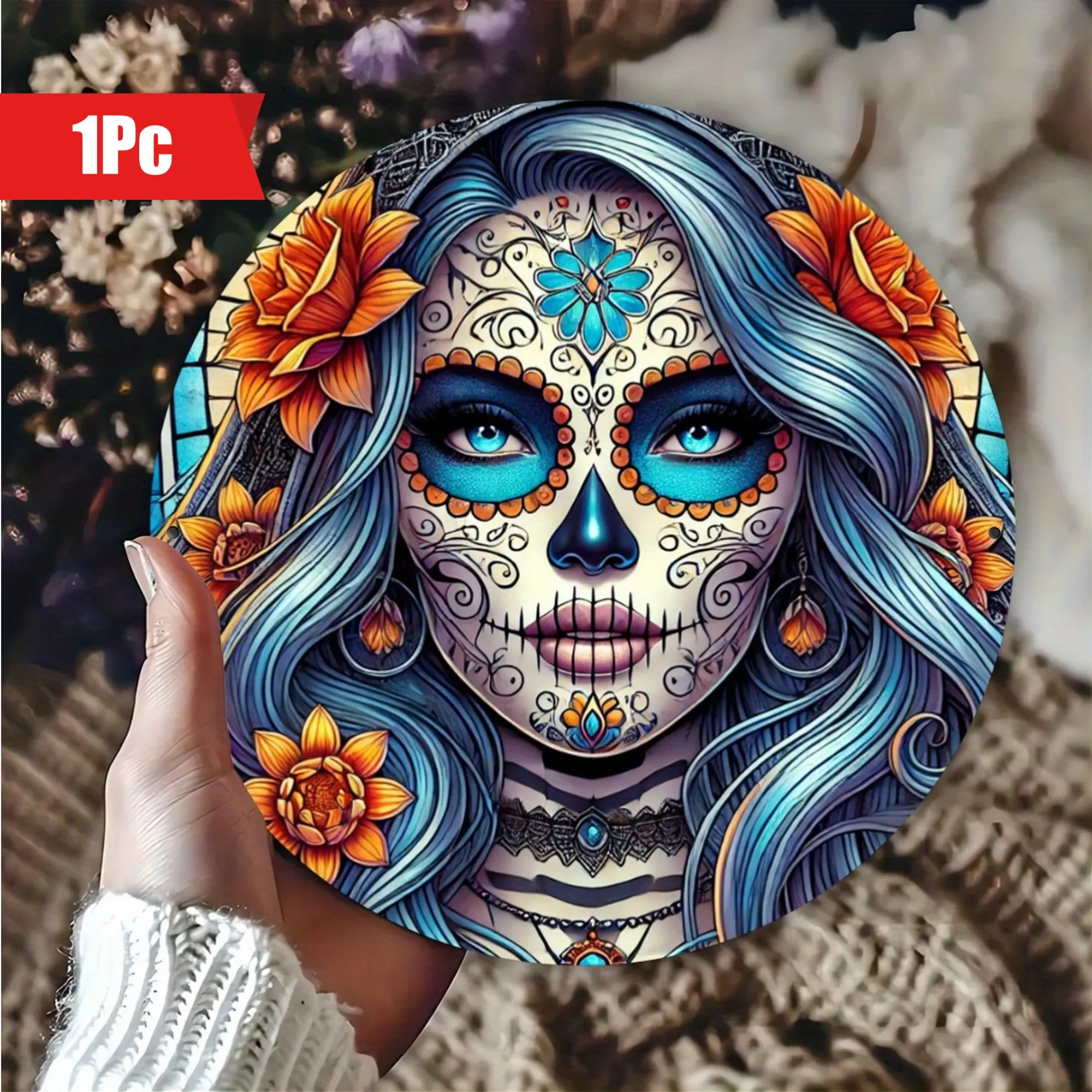 1pc Day of the Dead Sugar Skull Lady Foil Art Poster, 7.87x7.87in Iron Wall Decor Plaque, Farmhouse Home Decor, Durable Waterproof Hangable Sign for Bar, Indoors-Outdoor Use, Charming Gift