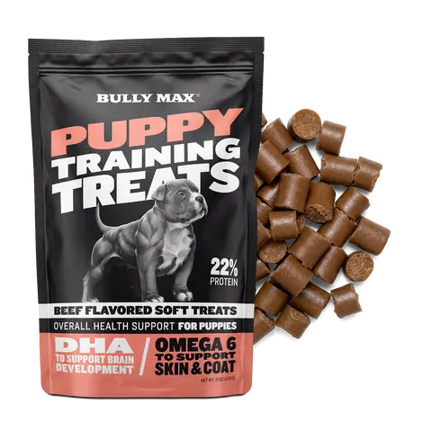 Bully Max High Protein Puppy Training Treats - Gelatin & Carob Chews with DHA for Brain Development, 22% Protein, Real Beef, Lecithin, Tapioca Starch, Universal for US Feeding Needs, Use as Treat for Growth & Muscle Support