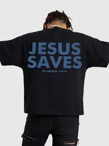 Jesus Saves Text Print T-Shirt, Streetwear, Fashion, Menswear, Roman 10:9, Street Style, Faith Theme, Hot Selling on TikTok in the US.