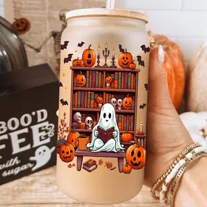 Ghost Reading Glass Cup With lid and Straw, Halloween Pumpkins 16oz Frosted Glass Tumbler with Bamboo Lid, Spooky Season Booktok Gift