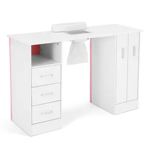 Manicure Table Nail Table Wooden Salon Spa Nail Table Station w Cabinet Drawers Beauty Salon Equipment White with Pink Trim Storage Included