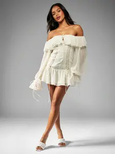 MISSGUIDED Ruffle Off Shoulder Long Sleeve Corset Chiffon Lace Up Detail Mini Dress