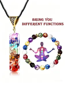 Seven Chakra Energy Crystal Beaded Bracelet Necklace Set, Rainbow Crystal Pendant Yoga Meditation Necklace, Spiritual Gift, Unisex