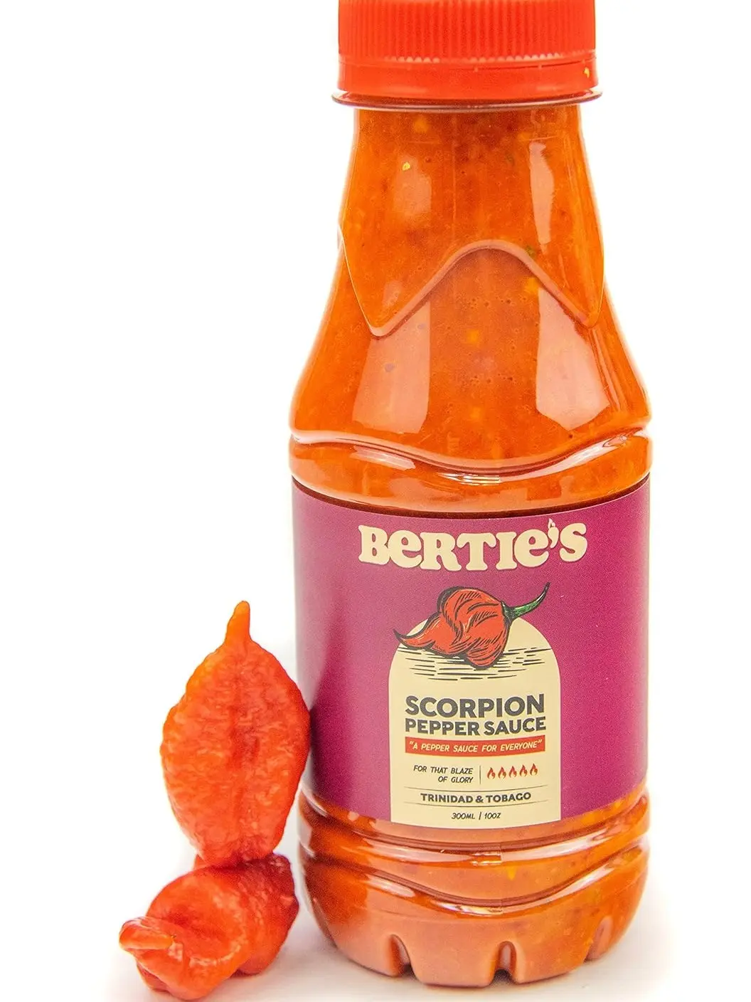 Bertie's Trinidad Scorpion Pepper Sauce (10 Oz/300ml) | Strong Flavour And Insane Heat
