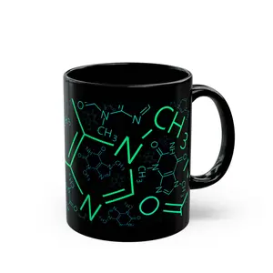 Caffeine Molecule Mug, Black Coffee Cup, Cool Green Blue Design, Gift for Man Woman, Ceramic Tea Drinkware, Unique Chemistry Lover Present
